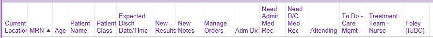 epic patient list columns